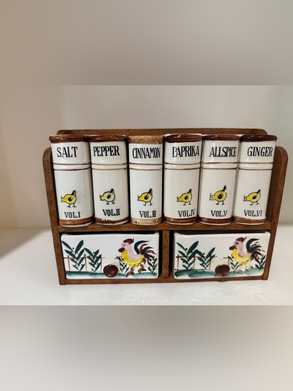 Vintage ceramic  White and Yellow Chicken and Rooster Spice Rack Set with Drawer